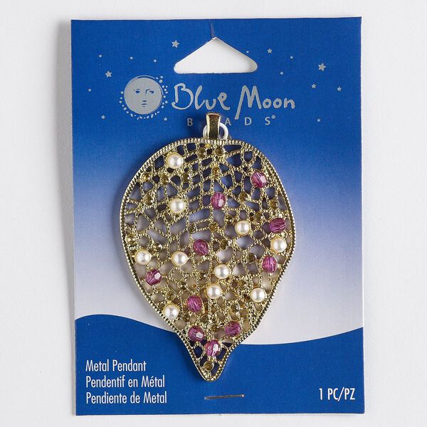 Pendant, acrylic / acrylic pearl / gold-finished "pewter" (zinc-based alloy), white / purple / topaz brown, 58x42mm leaf. Sold individually. image number 0