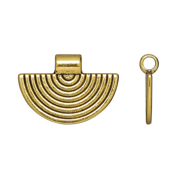 Pendant, slide, antique gold-finished "pewter", 25x17.5mm double-sided fan with line design, 3mm inside diameter. Sold per pkg of 10. image number 0