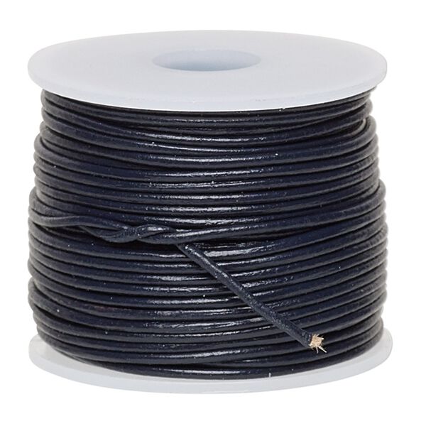 Cord, leather (dyed), navy blue, 0.5-0.8mm round. Sold per 25-yard spool. image number 0