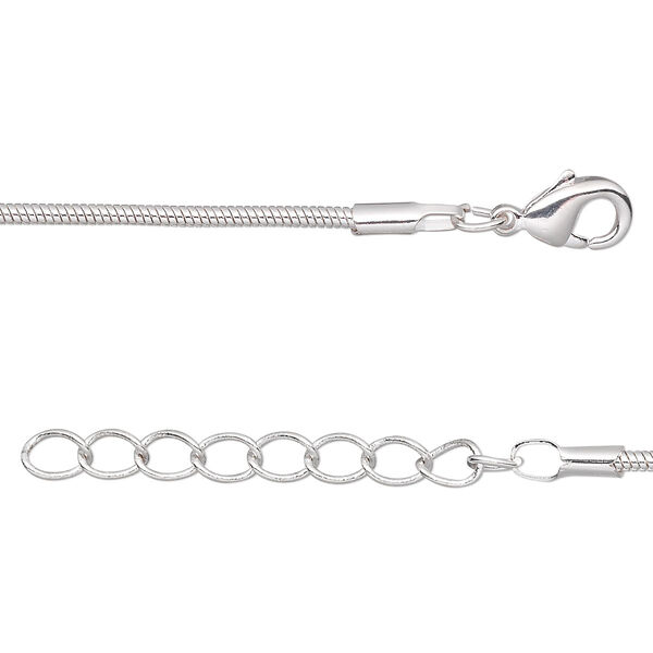 Chain, silver-plated brass, 1mm snake, 18 inches with 1-1/4 inch extender chain and lobster claw clasp. Sold per pkg of 4. image number 0