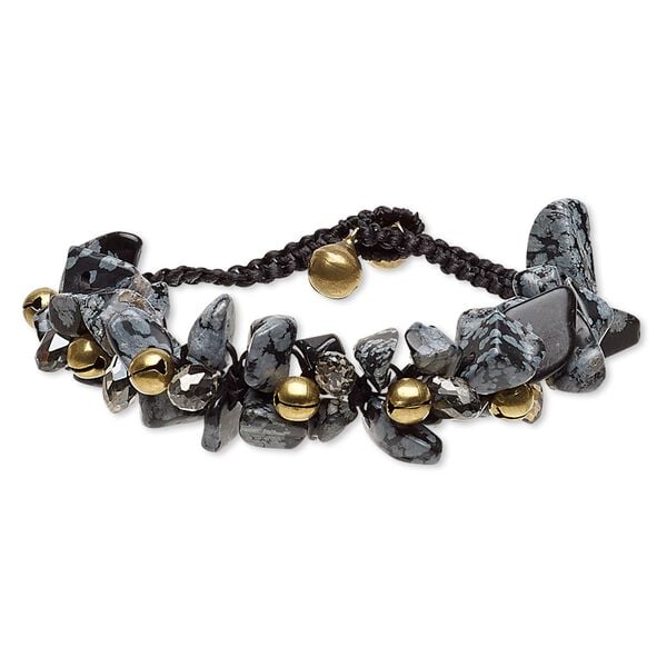 Snowflake obsidian / nylon / glass / steel 1pkg1, luster gold-finished chip / bell bracelet natural adjustable 7-7.5 inch / button clasp image number 0