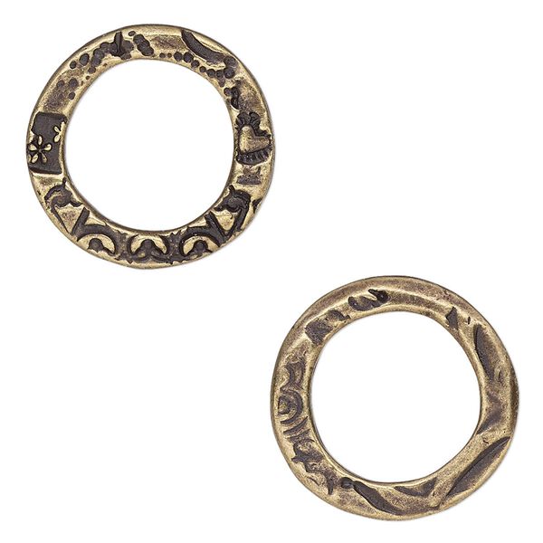Component, TierraCast®, "Vida Mas Dulce" collection, antique brass-plated pewter (tin-based alloy), 20mm open round with flora design and 13.5mm hole. Sold per pkg of 2. image number 0