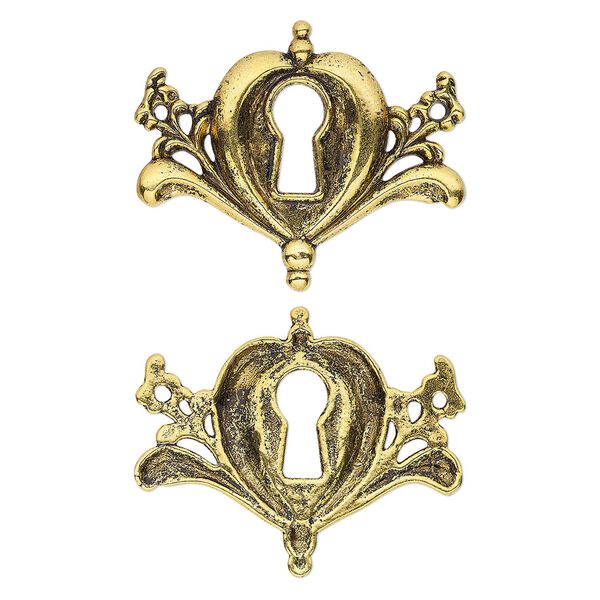 Focal, antique gold-finished "pewter" (zinc-based alloy), 37.5x30.5mm single-sided key hole with 2 loops. Sold per pkg of 4. image number 0