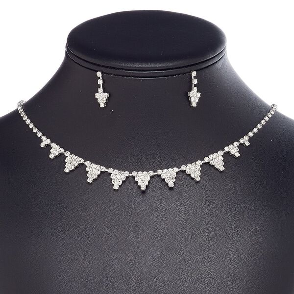 Necklace and earring set, glass rhinestone / plastic / imitation rhodium-plated brass / steel, clear, cupchain and triangle, 15" to 16" necklace with 3-inch extender chain and lobster claw clasp, 20mm earrings with post. Sold per set. image number 0
