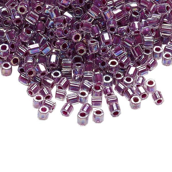 Seed bead, Delica®, glass, pkg/7.5g, #8 cut, translucent raspberry-lined rainbow crystal clear (DBLC-0056). image number 0
