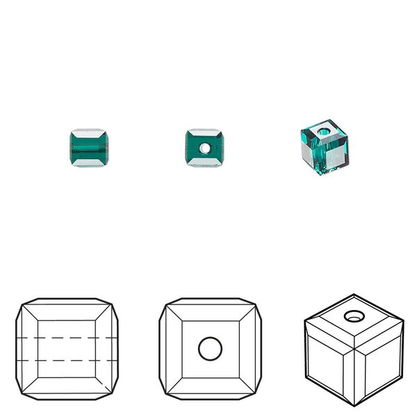 Bead 288pk emerald, Swarovski® 4mm cube 5601 image number 0