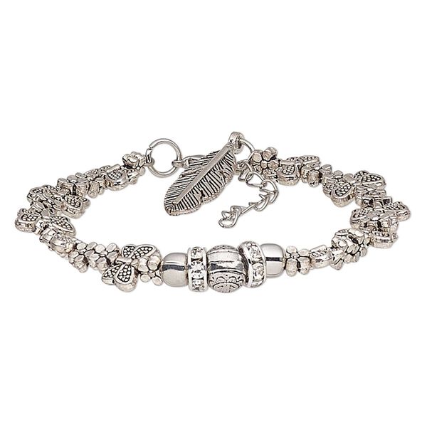 Bracelet, glass rhinestone / antique silver-coated acrylic / antique silver-plated steel / pewter (tin-based alloy), clear, 11mm wide with butterfly and flower design with feather dangle, 6-1/2 inches with 1-1/2 inch extender chain and lobster claw clasp. Sold individually. image number 0