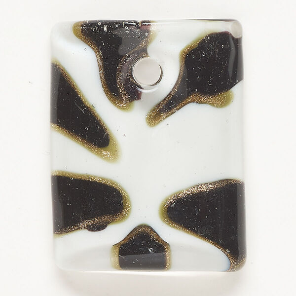 Focal, lampworked glass, opaque black and white with copper-colored glitter, 44x34mm domed rectangle. Sold individually. image number 0
