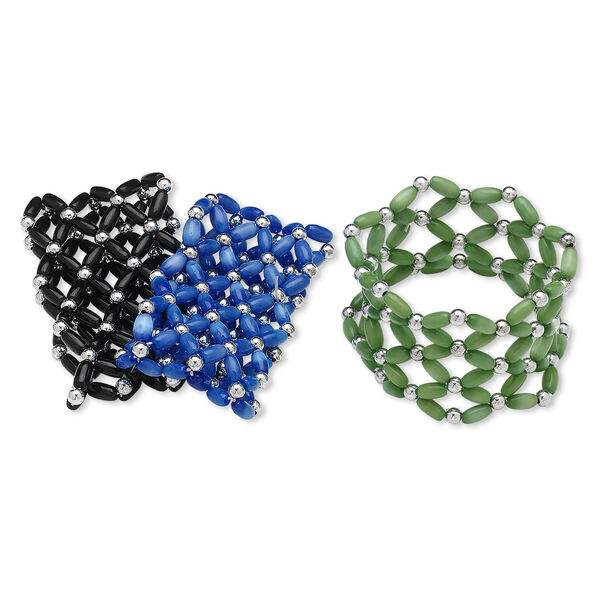 Bracelet, stretch, cat's eye glass (fiber optic glass) and silver-coated plastic, green / black / blue, 4mm round and 9x4mm oval, 7 inches. Sold per pkg of 3. image number 0