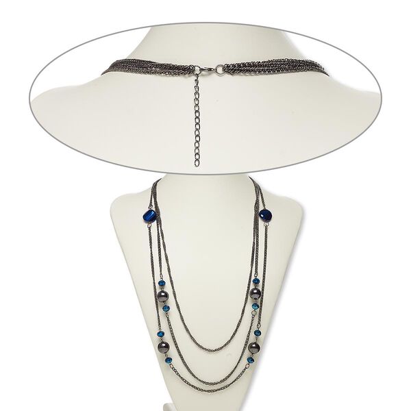 Necklace, glass / gunmetal-coated plastic / gunmetal-finished steel, blue, round, 26 inches with 2-inch extender chain and lobster claw clasp. Sold individually. image number 0