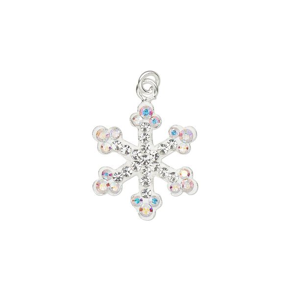 Charm, cubic zirconia / epoxy / sterling silver, clear AB and white, 15x13.5mm single-sided snowflake with 3mm closed jump ring. Sold individually. image number 0