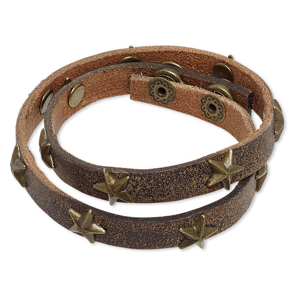 Bracelet, wrap, leather (dyed) with antique brass-plated steel and "pewter" (zinc-based alloy), brown, 12mm wide with stars, adjustable at 6-1/2 and 7 inches with snap closure. Sold individually. image number 0