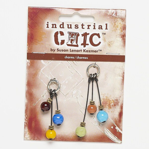 Focal, glass / brass- / silver-finished steel / "pewter" (zinc-based alloy), multicolored, 44x18mm and 53x18mm. Sold per pkg of 2. image number 0