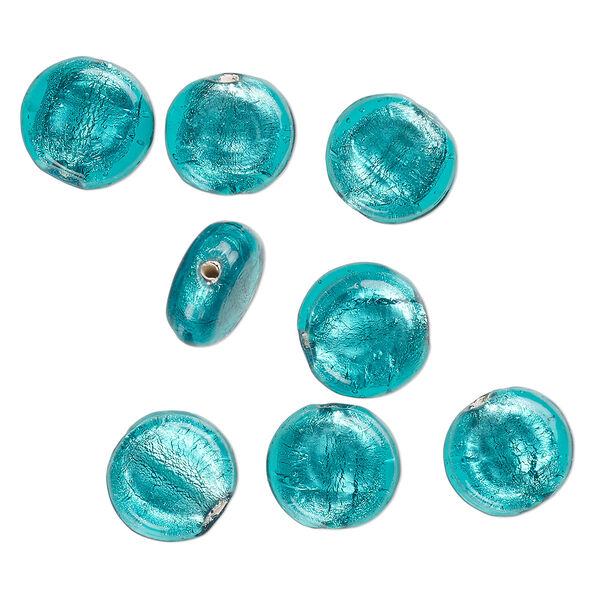 Bead, lampworked glass, opaque teal blue, 15x8mm-13x6mm flat round with silver-colored foil. Sold per pkg of 8. image number 0
