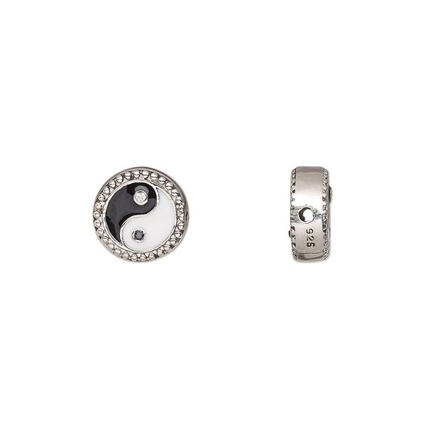 Bead, antiqued sterling silver / cubic zirconia / enamel, black / clear / white, 10mm round with yin-yang design. Sold individually. image number 0