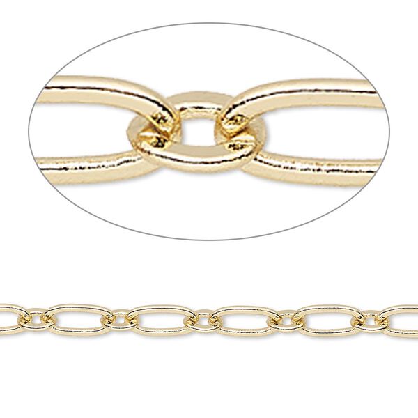 Chain, gold-finished brass, 4mm long and short oval. Sold per 50-foot spool. image number 0