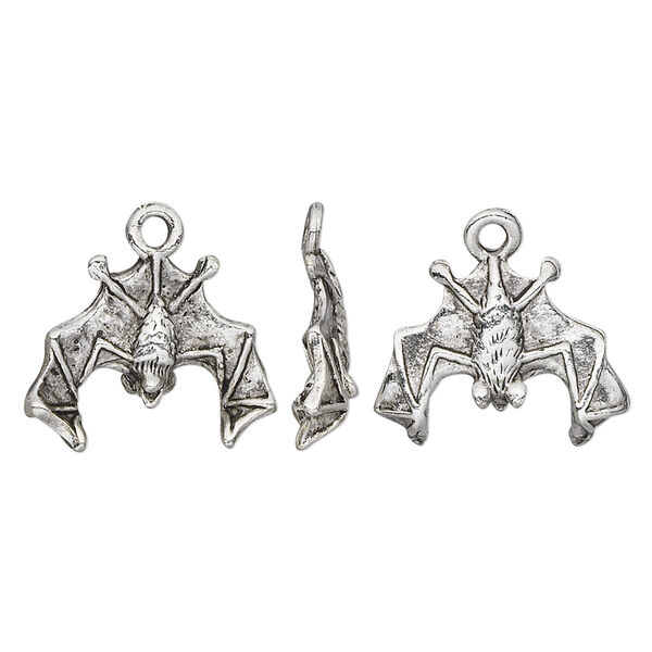 Charm, pewter (tin-based alloy), pkg/1, antique silver plate, 18x17mm 2-sided bat. image number 0