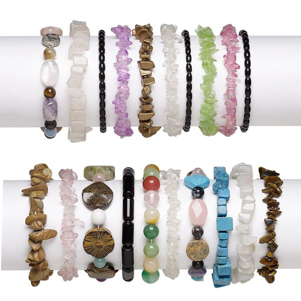 Multi-gemstone / glass 1pkg50, mixed shape stretch bracelet 6-7 inch mix 6x1mm-35x25mm image number 0