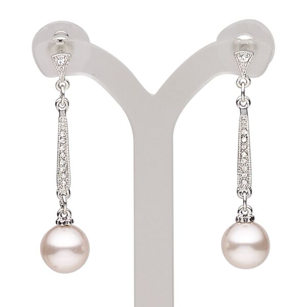 Earring, glass pearl / glass rhinestone / imitation rhodium-plated steel / "pewter" (zinc-based alloy), pink and clear, 1-1/2 inches with round and post. Sold per pair. image number 0