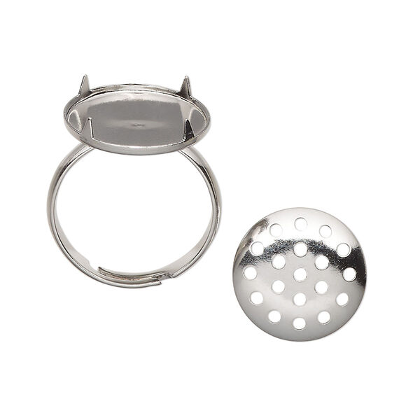 Ring, silver-finished brass, 14mm perforated round disc. Sold individually. image number 0