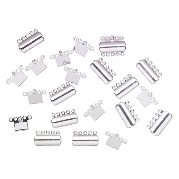 Clasp, tab, silver-plated brass, 19x8mm curved rectangle with pink tint. Sold per pkg of 10. image number 0