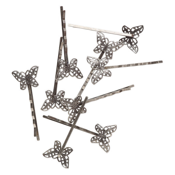 Hair clip, antique silver-finished steel and oxidized brass, 2 inches with 22x16mm butterfly and cutout design. Sold per pkg of 8. image number 0