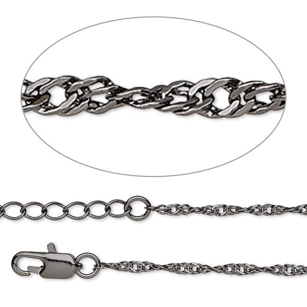 Chain, gunmetal-plated brass, 2mm Singapore, 18 inches with 1 to 3 inches extender chain lobster claw clasp. Sold individually. image number 0