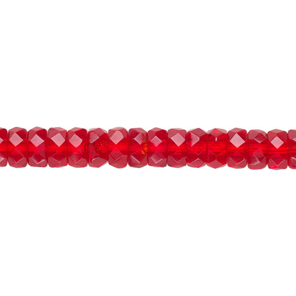 Bead, Czech fire-polished glass, light red, 6x3mm faceted rondelle. Sold per 16-inch strand. image number 0
