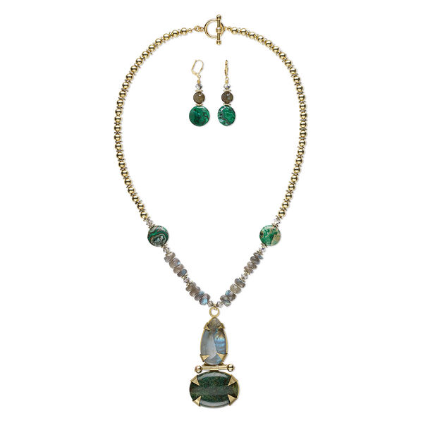 Necklace and earring set, One of a Kind Jewelry, gold-finished brass and multi-gemstone (natural / dyed), green, 24-inch necklace. Only one available. image number 0