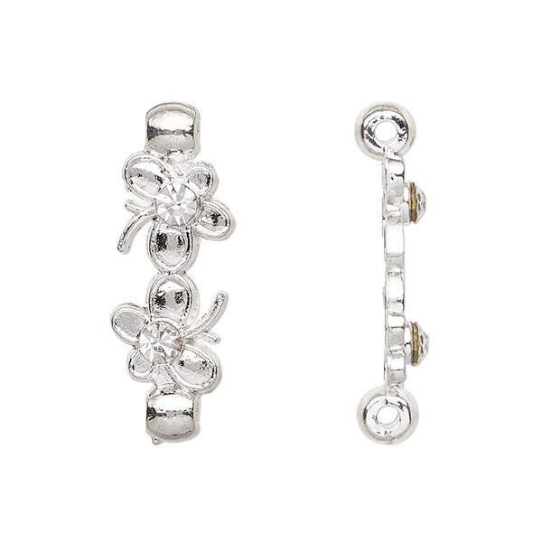 Spacer, glass rhinestone and silver-plated "pewter" (zinc-based alloy), clear, 27.5x10mm 2-strand with butterflies, fits up to 21mm bead. Sold per pkg of 10. image number 0