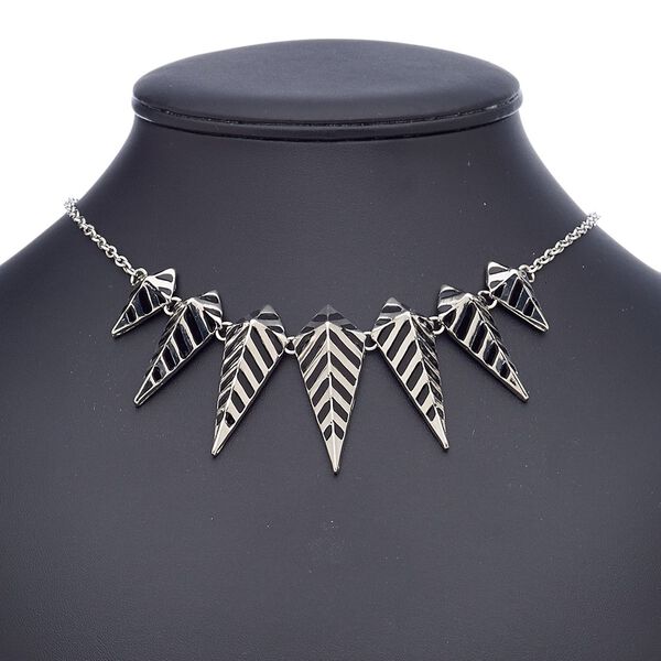 Necklace, enamel with imitation rhodium-finished steel and "pewter" (zinc-based alloy), black, 24x16mm-48x19mm graduated spike with stripes, 18 inches with 2-inch extender chain and lobster claw clasp. Sold individually. image number 0