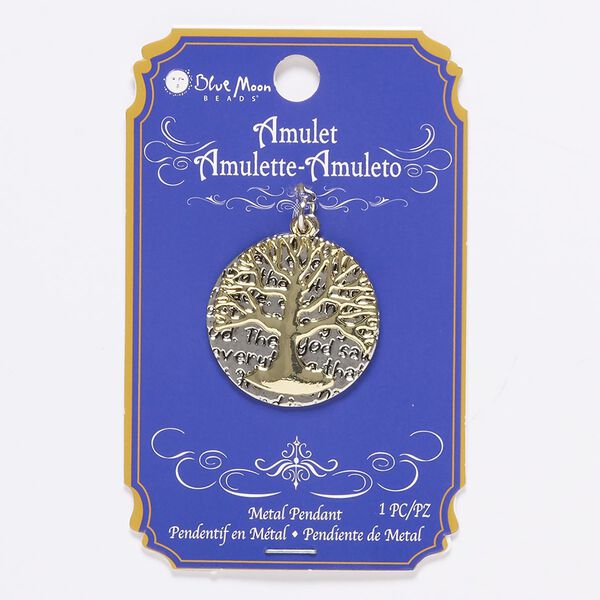 Focal, gold- and antique silver-finished "pewter" (zinc-based alloy), 30mm flat round with scripture and cutout tree of life. Sold individually. image number 0