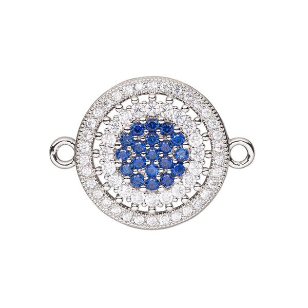 Link, cubic zirconia and silver-finished brass, clear and dark blue, 19mm single-sided round. Sold individually. image number 0
