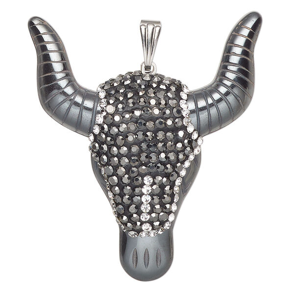 Hemalyke™ / brass / glass rhinestone 1pkg1, silver-finished 1-sided steer pendant 46x40mm image number 0