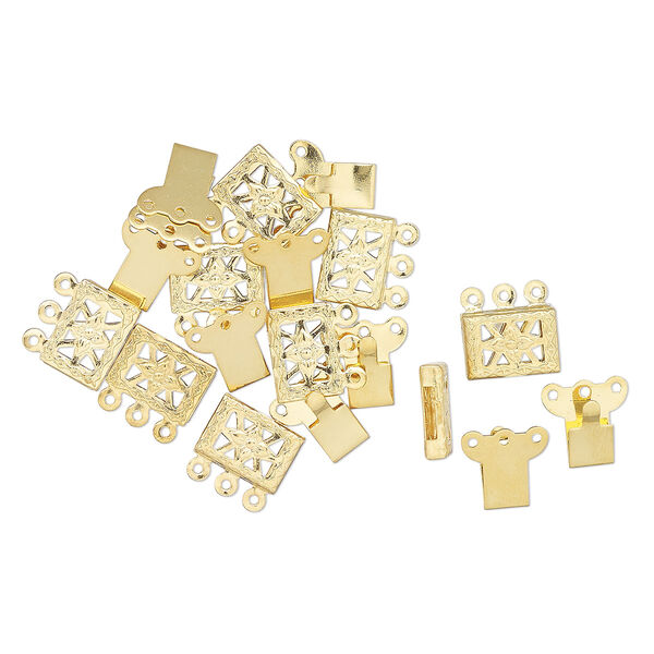 Clasp, 3-strand tab, gold-finished brass, 11x8mm fancy rectangle. Sold per pkg of 10. image number 0