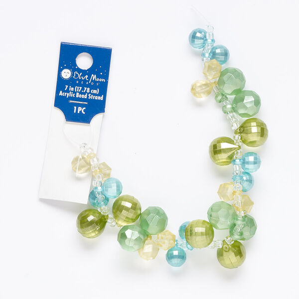 Drop, acrylic and glass, pastel green / pastel blue / pastel yellow, 10mm faceted round and 14mm round with checkerboard design. Sold per 7-inch strand. image number 0