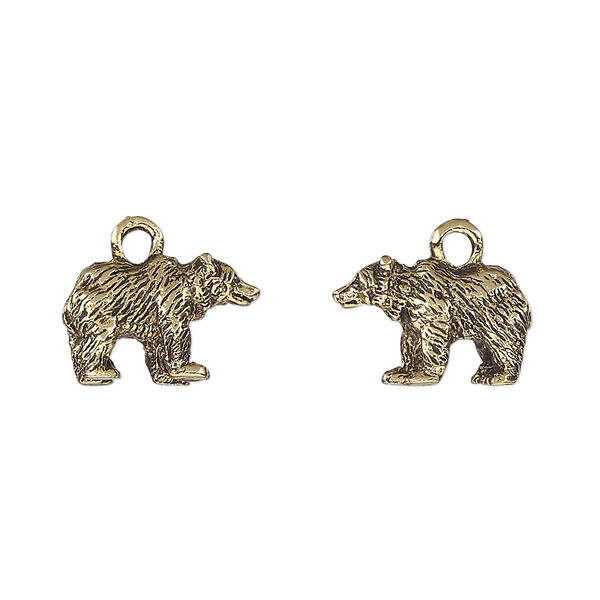 Charm, antique gold-plated pewter (tin-based alloy), 14.5x9mm 3D bear. Sold per pkg of 2. image number 0