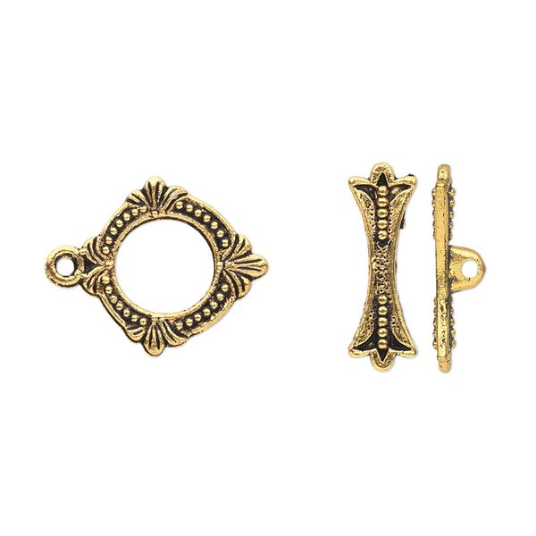Clasp, toggle, antique gold-finished "pewter" (zinc-based alloy), 15x14mm double-sided round. Sold per pkg of 20. image number 0