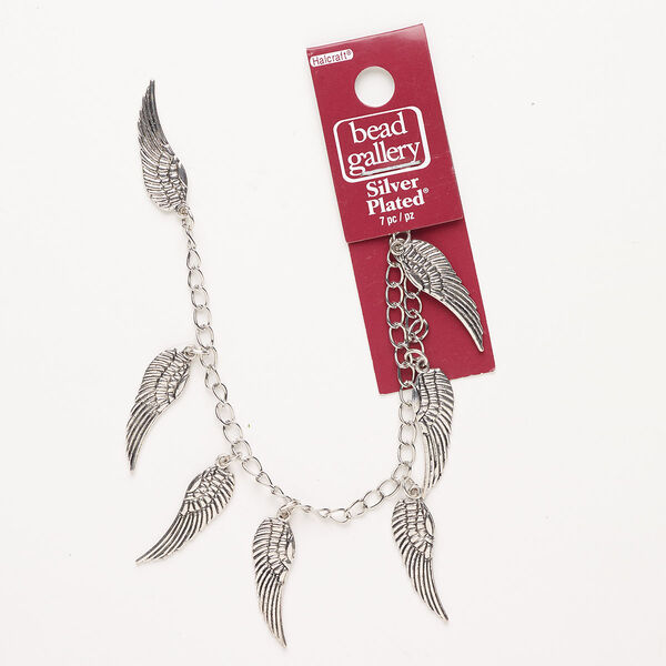 Chain, antique silver-finished steel, 2.1mm curb with (7) 30x9mm wing charms. Sold per pkg of 7 inches. image number 0