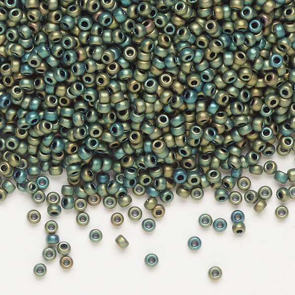 Seed bead, Miyuki, glass, pkg/25g, #11 rocaille, opaque matte metallic iris green patina (RR-2067). image number 0