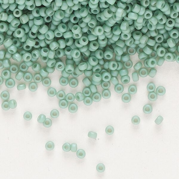 Seed bead, Miyuki, glass, pkg/35g, #15 rocaille, opaque matte luster seafoam, (RR-2028). image number 0
