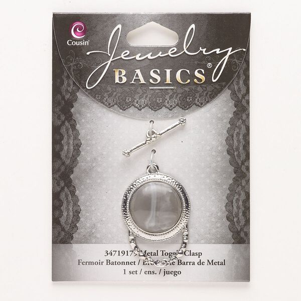 Clasp, toggle, brass and acrylic, pkg/1, 33x24mm round, silver finish and grey. image number 0