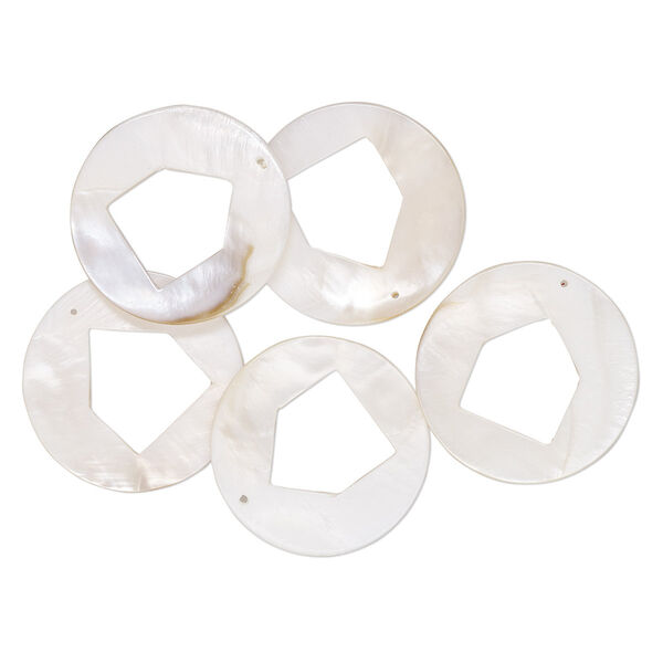 Focal, mother-of-pearl shell (bleached), 50mm round with cutout pentagon, Mohs hardness 3-1/2. Sold per pkg of 5. image number 0