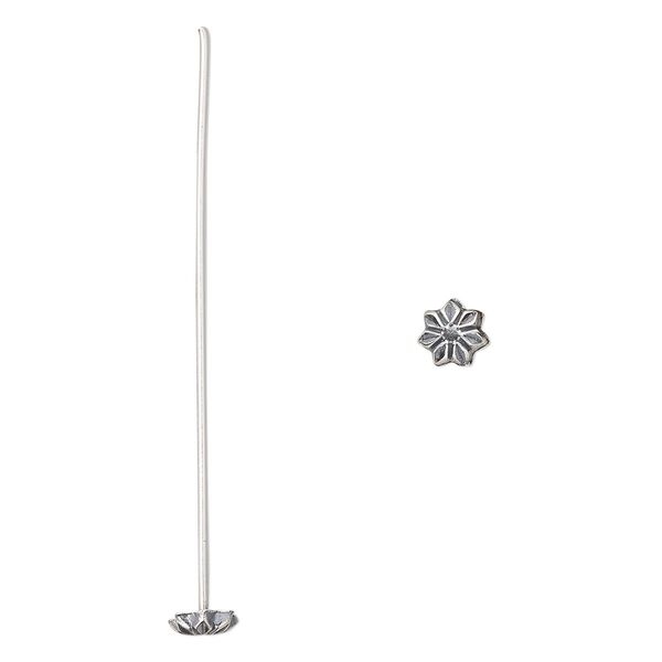 Head pin, antiqued sterling silver, 2-inches long with 6mm flower, 20 gauge. Sold per pkg 4. image number 0