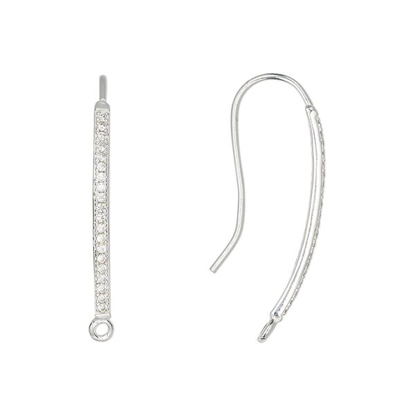 Ear wire 1pkg2 sterling silver / cubic zirconia, 28mm / closed loop, 20 gauge clear 1 pair image number 0