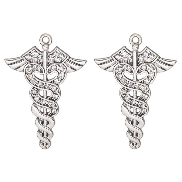 Focal, antique silver-finished "pewter" (zinc alloy) and glass, clear, 34x26mm caduceus medical symbol. Sold per pkg of 2. image number 0