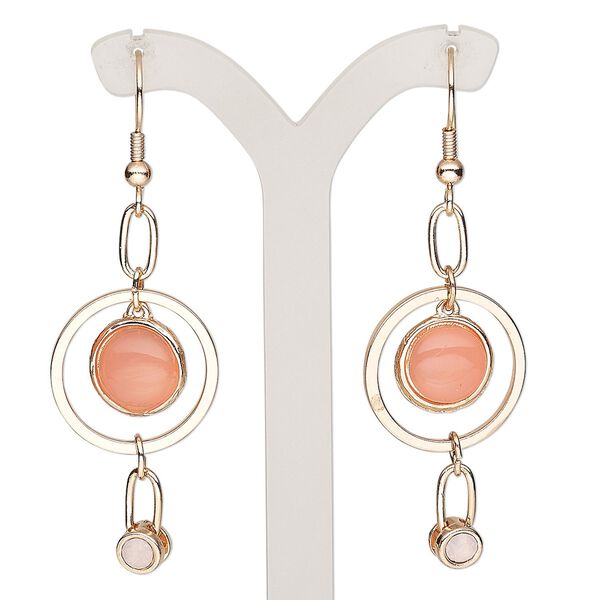 Earring, resin / acrylic rhinestone / rose gold-finished steel / brass / "pewter" (zinc-based alloy), dark pink and pink opal, 2-1/2 inches with fishhook ear wire. Sold per pair. image number 0