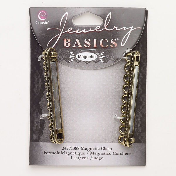 Clasp, 7-strand magnetic, "pewter" (zinc-based alloy), pkg/1, antique gold finish, 57x8mm rectangle. image number 0