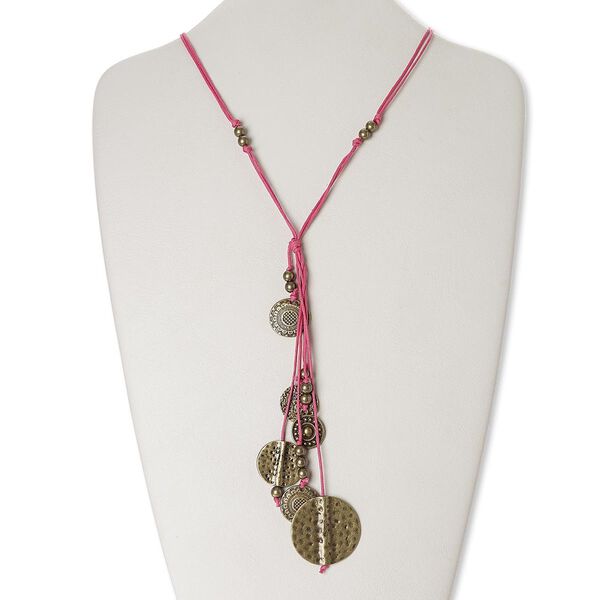 Necklace, waxed cotton cord with antiqued brass-finished "pewter" (zinc-based alloy) and steel, pink, 6-1/2 inch dangle with flat round, 24 inches with lobster claw clasp. Sold individually. image number 0