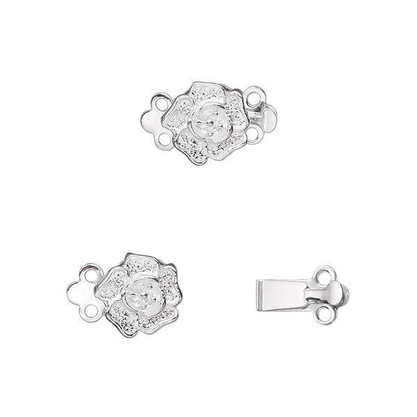 Clasp, 2-strand tab, silver-plated brass, 9x9mm single-sided rose. Sold per pkg of 10. image number 0
